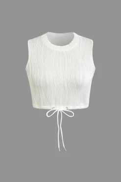 MICAS Short Sets-Textured Sleeveless Crop Top And Drawstring Shorts Set WHITE