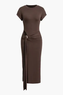 MICAS Midi Dresses-Tie Cut Out Ruched Midi Dress COFFEE