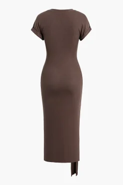 MICAS Midi Dresses-Tie Cut Out Ruched Midi Dress COFFEE