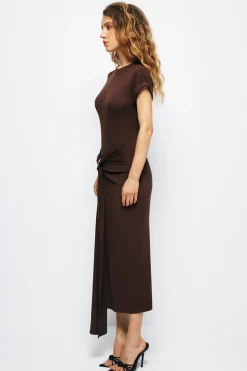 MICAS Midi Dresses-Tie Cut Out Ruched Midi Dress COFFEE