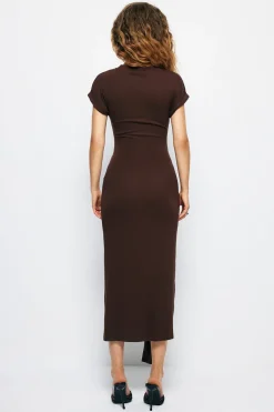MICAS Midi Dresses-Tie Cut Out Ruched Midi Dress COFFEE