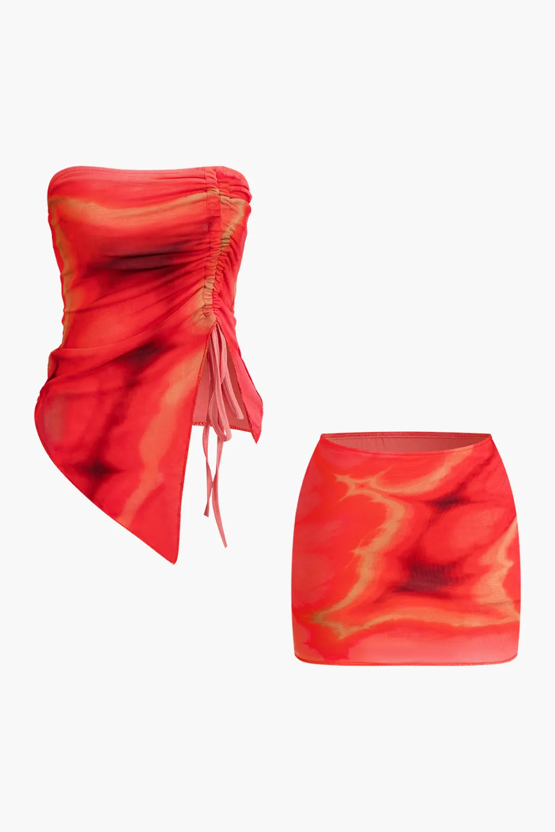 MICAS Skirt Sets|Vacation Sets-Tie Dye Asymmetrical Tube Top And Mini Skirt Set RED