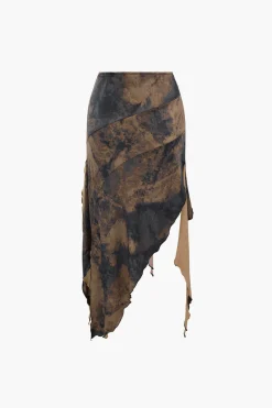 MICAS Skirts-Tie Dye Asymmetric Ruffle Hem Skirt CARAMEL
