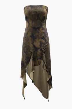 MICAS Midi Dresses-Tie Dye Asymmetric Ruffle Strapless Midi Dress BROWN