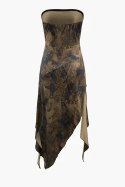 MICAS Midi Dresses-Tie Dye Asymmetric Ruffle Strapless Midi Dress BROWN