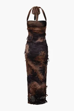 MICAS Maxi Dresses-Tie Dye Distressed Mesh Slit Halter Maxi Dress