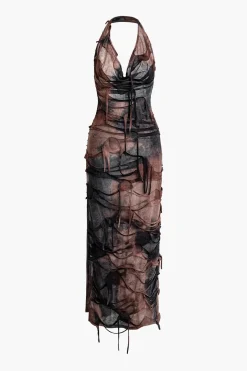 MICAS Maxi Dresses-Tie Dye Distressed Mesh Slit Halter Cowl Neck Maxi Dress BROWN