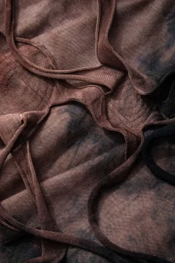 MICAS Maxi Dresses-Tie Dye Distressed Mesh Slit Halter Cowl Neck Maxi Dress BROWN