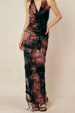 MICAS Maxi Dresses-Tie Dye Distressed Mesh Slit Halter Cowl Neck Maxi Dress BROWN