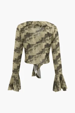 MICAS Long Sleeve Tops|Long Sleeves Tops-Tie Dye Flare Sleeve Tie Front Ruffle Top And Rose Choker BROWN