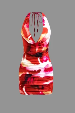 MICAS Mini Dresses-Tie Dye Halter Cowl Neck Backless Mini Dress CRIMSON