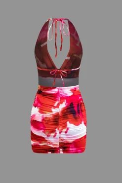 MICAS Mini Dresses-Tie Dye Halter Cowl Neck Backless Mini Dress CRIMSON