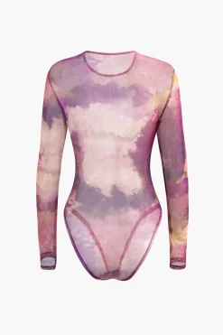 MICAS Bodysuits-Tie Dye Long Sleeve Mesh Bodysuit MULTICOLOR