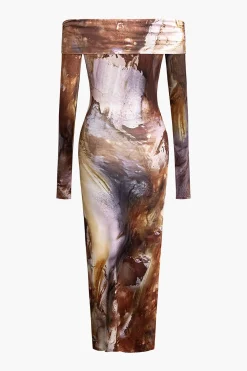 MICAS Long Sleeve Dresses|Midi Dresses-Tie Dye Long Sleeve Off Shoulder Midi Dress BROWN