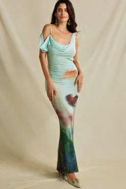 MICAS Maxi Dresses-Tie Dye Mesh Backless Asymmetric Cowl Neck Maxi Dress MULTICOLOR