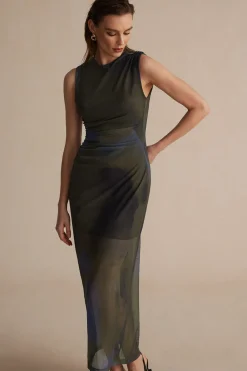 MICAS Midi Dresses-Tie Dye Print Ruched Midi Dress BROWN