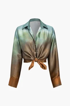 MICAS Long Sleeve Tops|Long Sleeves Tops-Tie Dye Print Satin Button Long-Sleeve Shirt MULTICOLOR