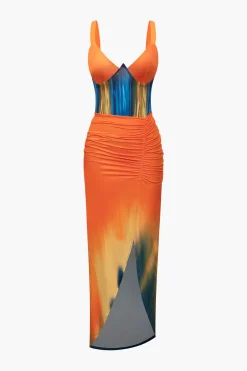 MICAS Maxi Dresses-Tie Dye Print V-neck Ruched Maxi Dress MULTICOLOR