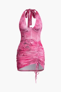 MICAS Mini Dresses-Tie Dye Ruched Drawstring Halter Mini Dress PINK