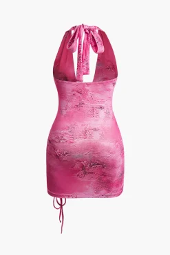 MICAS Mini Dresses-Tie Dye Ruched Drawstring Halter Mini Dress PINK