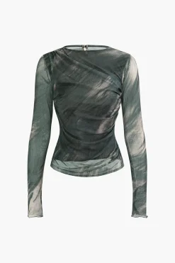 MICAS Long Sleeve Tops|Long Sleeves Tops-Tie Dye Ruched Mesh Long Sleeve Top MOCHA