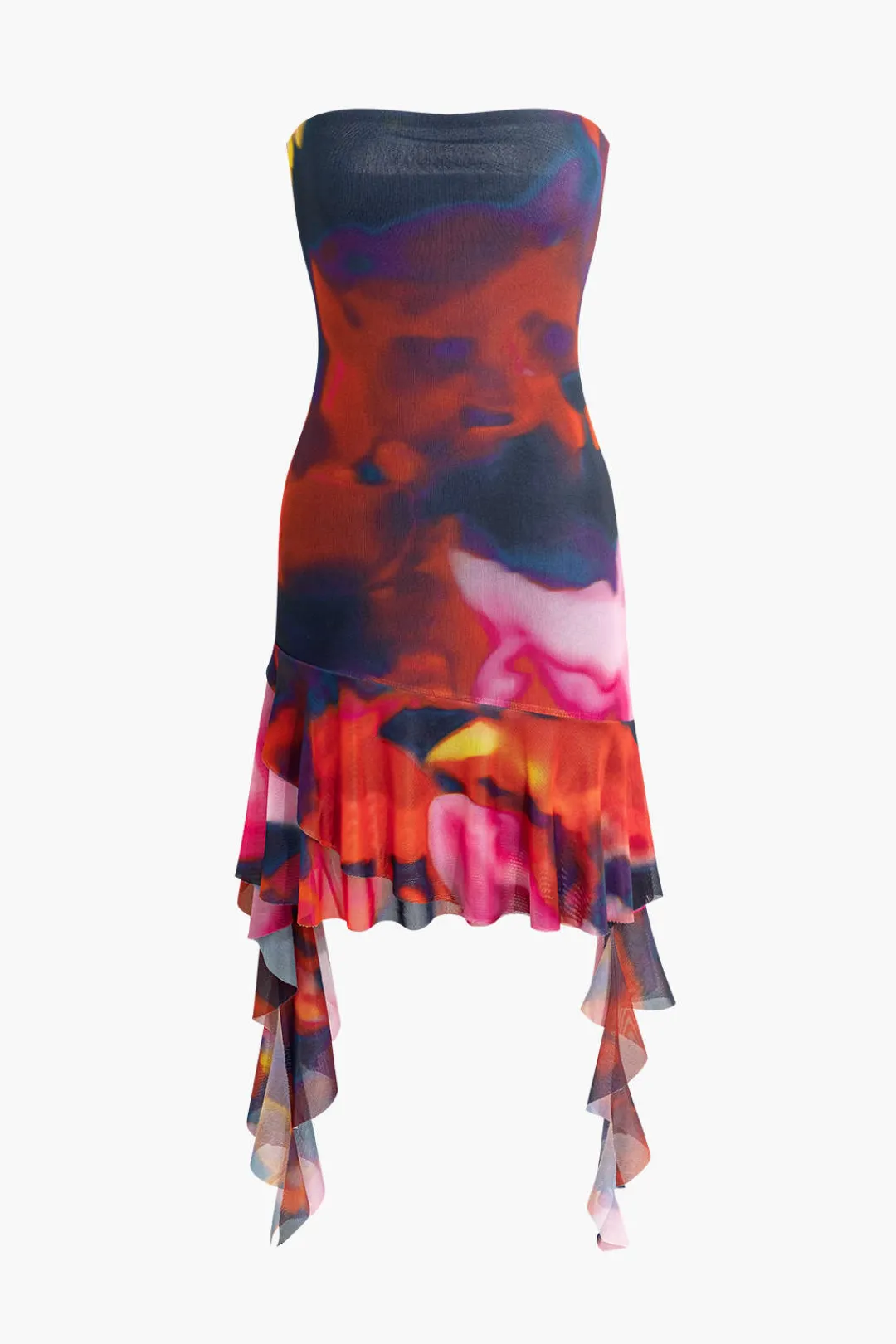 MICAS Midi Dresses-Tie Dye Ruffle Strapless Midi Dress Contrast Color