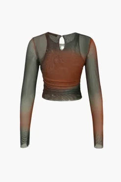 MICAS Long Sleeve Tops|Long Sleeves Tops-Tie Dye Sheer Mesh Long Sleeve Top Contrast Color