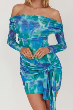 MICAS Long Sleeve Dresses|Mini Dresses-Tie Dye Tie Front Off Shoulder Long Sleeve Mini Dress STEEL BLUE