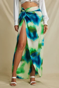 MICAS Skirts-Tie Dye Twist Split Midi Skirt Contrast Color