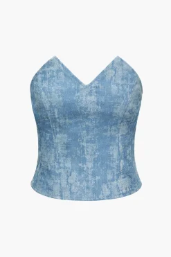MICAS Tube Tops-Tie Dye V-neck Denim Strapless Top BABY BLUE