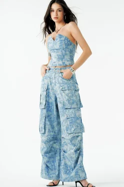 MICAS Tube Tops-Tie Dye V-neck Denim Strapless Top BABY BLUE