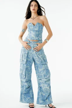 MICAS Tube Tops-Tie Dye V-neck Denim Strapless Top BABY BLUE