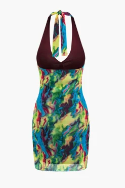 MICAS Mini Dresses-Tie Dye V-neck Halter Backless Mini Dress MULTICOLOR