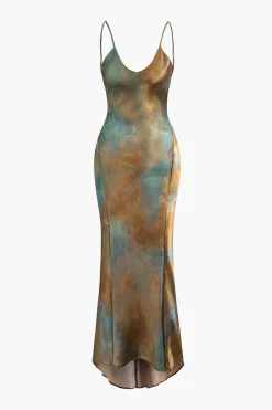 MICAS Maxi Dresses-Tie Dye V-neck Satin Maxi Dress MULTICOLOR