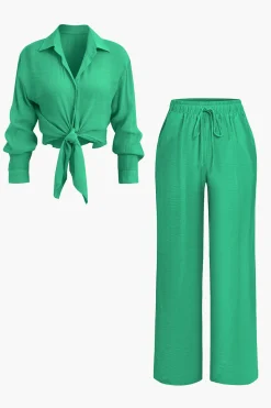 MICAS Pant Sets|Vacation Sets-Tie Front Shirt And Wide Leg Pants Set