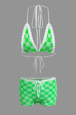 MICAS Short Sets-Tie Halter Crochet Open Knit Cami Top And Shorts Set Contrast Color
