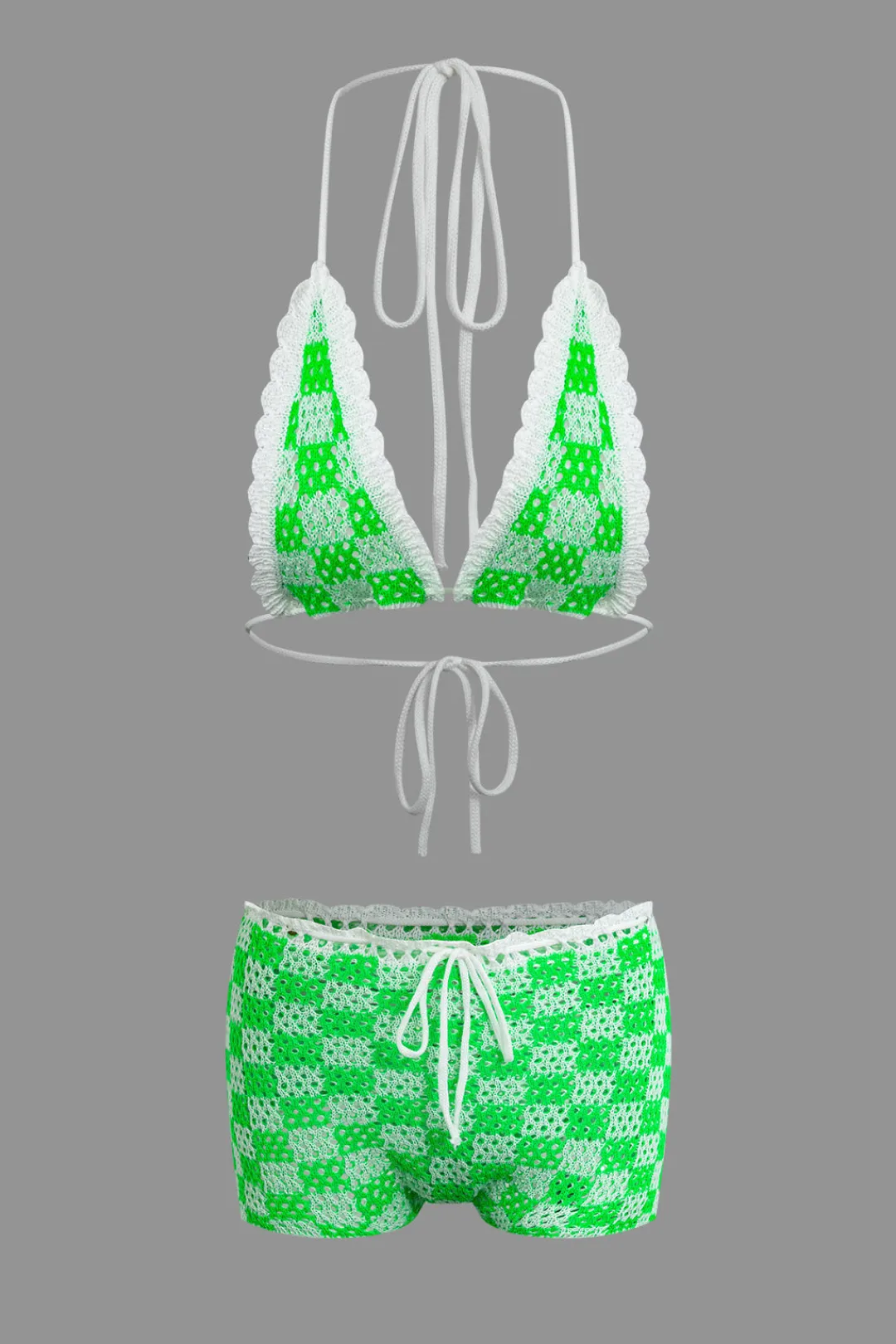 MICAS Short Sets-Tie Halter Crochet Open Knit Cami Top And Shorts Set Contrast Color