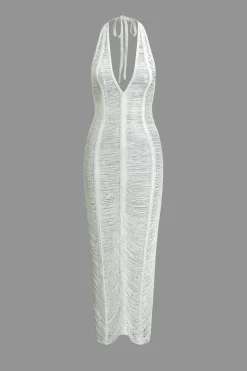 MICAS Knitwear|Knit Dresses-Tie Halter V-neck Backless Distressed Ladder Knit Maxi Dress