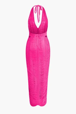 MICAS Knitwear|Knit Dresses-Tie Halter V-neck Backless Distressed Ladder Knit Maxi Dress
