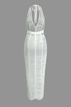 MICAS Knitwear|Knit Dresses-Tie Halter V-neck Backless Distressed Ladder Knit Maxi Dress