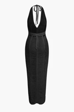 MICAS Knitwear|Knit Dresses-Tie Halter V-neck Backless Distressed Ladder Knit Maxi Dress