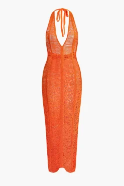 MICAS Knitwear|Knit Dresses-Tie Halter V-neck Backless Distressed Ladder Knit Maxi Dress