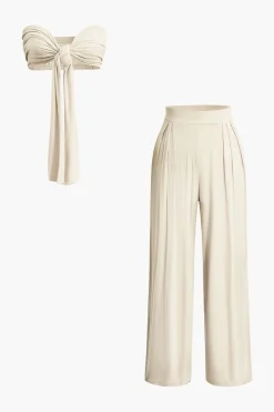 MICAS Pant Sets|Vacation Sets-Tie Knot Front Ruched Tube Top And Pleated Wide Leg Pants
