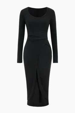 MICAS Long Sleeve Dresses|Midi Dresses-Tie Long Sleeve Midi Dress BLACK