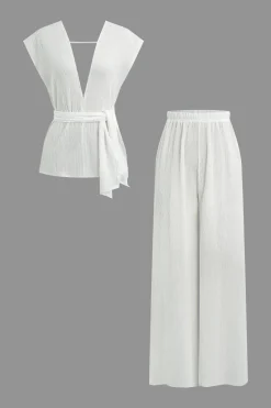 MICAS Pant Sets-Tie Waist V-Neck Pants Set WHITE