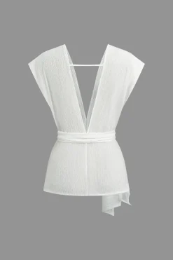 MICAS Pant Sets-Tie Waist V-Neck Pants Set WHITE