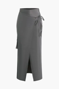 MICAS Skirts-Tie Wrap Split Midi Skirt GRAY
