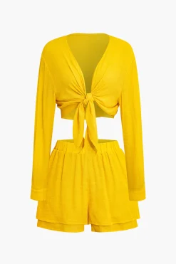 MICAS Short Sets-Tie-Front Crop Top And Shorts Set LEMON