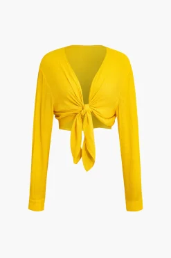 MICAS Short Sets-Tie-Front Crop Top And Shorts Set LEMON