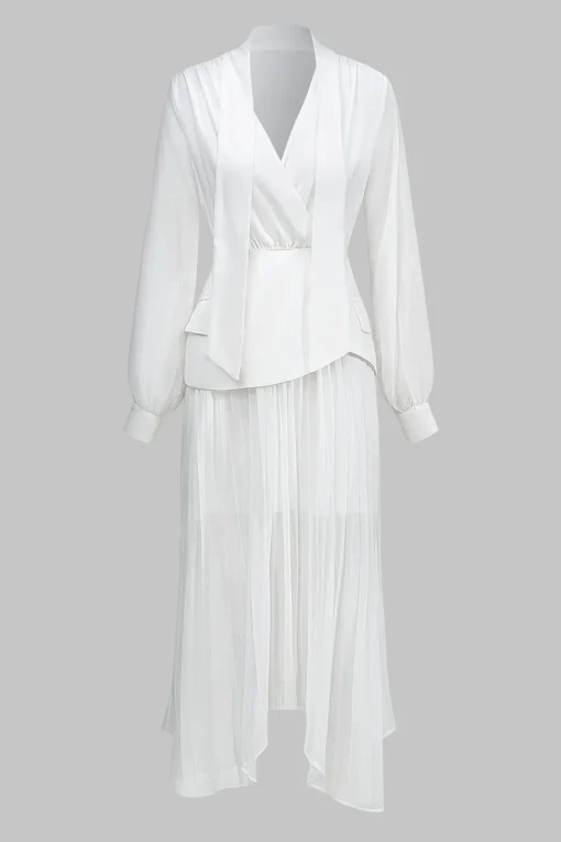 MICAS Long Sleeve Dresses|Midi Dresses-Tie-Up Lace-Up Midi Dress WHITE